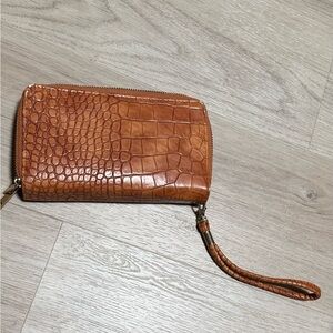 Brown Croc-Embossed Zip Wristlet Wallet